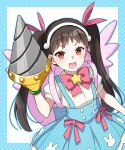  1girl absurdres animal_print backpack bag black_hair blush bow bowtie collared_shirt commentary cowboy_shot dated drill drill_hand fang hachikuji_mayoi hair_ribbon hairband highres light_blush long_hair looking_at_viewer magical_girl manimani_(mani_ma) monogatari_(series) open_mouth pink_bow rabbit_print red_eyes ribbon shirt short_sleeves simple_background skin_fang skirt smile solo star_(symbol) suspender_skirt suspenders twintails white_shirt 