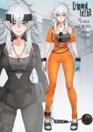  1girl absurdres ahoge ball_and_chain_restraint blue_eyes blue_gloves bodysuit bra breasts bruise chain-link_fence cleavage cuffs fence full-length_zipper full_body general_geega general_geega_(criminal) gloves grey_bra grey_hair handcuffs heterochromia highres indie_virtual_youtuber injury janyhero jewelry jumpsuit large_breasts multiple_views necklace official_art orange_jumpsuit partially_unbuttoned partially_unzipped pointy_ears ponytail prison_clothes red_eyes sandals scar skin_tight socks sunglasses torn_clothes underwear virtual_youtuber white_socks zipper zipper_pull_tab 