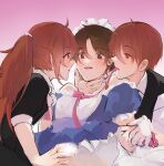  1girl 2boys after_kiss ahoge alternate_costume apron bare_shoulders black_jacket blank_censor blue_dress blush boy_and_girl_sandwich brother_and_sister brother_and_sister_threesome brown_eyes brown_hair censored chinese_commentary commentary_request crossdressing crossdressing_(mtf) dress enmaided eye_contact eyes_visible_through_hair face-to-face frilled_dress frilled_sleeves frills gloves hair_between_eyes hand_on_another's_chin handjob hetero highres holding_hands jacket little_busters! long_hair looking_at_another maid maid_apron maid_headdress mouth_hold multiple_boys naoe_riki natsume_kyousuke natsume_rin penis pink_background pink_ribbon ponytail profile puffy_short_sleeves puffy_sleeves red_eyes ribbon ribbon_in_mouth saliva saliva_trail sandwiched short_hair short_sleeves siblings sidelocks simple_background sketch tataraduck tongue tongue_out tsurime upper_body white_gloves yaoi 