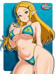  1girl absurdres bikini blonde_hair blue_bikini blue_nails breasts green_eyes hair_ornament hairclip highres large_breasts long_hair looking_at_viewer nail_polish navel nyazuliart pointy_ears princess_zelda solo stomach swimsuit the_legend_of_zelda thighs two-tone_background 