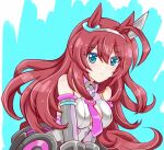  1girl ahoge animal_ears bare_shoulders blue_eyes blush breasts brown_hair closed_mouth commentary detached_sleeves grey_hairband grey_leotard grey_sleeves hair_between_eyes hairband highres horse_ears horse_girl horse_tail kuromori_yako large_breasts leotard long_hair looking_at_viewer lowleg lowleg_skirt mihono_bourbon_(mb-19890425)_(umamusume) mihono_bourbon_(umamusume) necktie pink_necktie silver_hairband skirt solo tail umamusume untranslatable_commentary white_leotard 