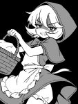  1girl apron b.b._hood basket black_background bloomers bow bowtie capelet cowboy_shot darkstalkers dress evil_grin evil_smile frilled_apron frills greyscale grin holding holding_basket hood ink_(inksgirls) monochrome picnic_basket shaded_face short_hair smile solo 
