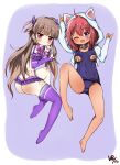  2girls ahoge animal_ears ass ass_blush bandaid bandaids_on_nipples bare_back bare_legs bare_shoulders barefoot blunt_bangs blush breasts brown_hair cat_ears collar commentary_request covered_navel dark-skinned_female dark_skin demons_roots demons_roots_(series) embarrassed english_commentary fang frills geukhan_taeyang hair_ornament hand_on_own_chin highres hood hood_up hoodie kalinka_(demonsroots) knee_blush korean_commentary long_hair long_sleeves looking_at_viewer lying medium_breasts medium_hair metal_collar mixed-language_commentary multiple_girls nipple_cutout official_alternate_costume on_back on_side one_eye_closed open_mouth panties pasties purple_eyes purple_thighhighs red_eyes ribbon sarasa_(demonsroots) school_swimsuit short_twintails signature simple_background skin_seams smile swimsuit thighhighs twintails underwear very_long_hair wavy_mouth 