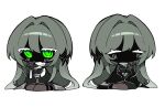  1girl absurdres black_haori black_kimono black_skin blush chibi colored_eyelashes colored_skin commentary_request flower green_eyes grey_cloak grey_hair grey_kimono grey_sash haori haori_on_shoulders highres irregular_border japanese_clothes kimono kuroyurihime_(munji412) lily_(flower) long_hair looking_at_viewer munji412 no_mouth no_nose original simple_background solo two-tone_kimono white_background white_eyelashes 