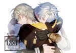  2boys ahoge antenna_hair arm_guards armor artist_name backlighting black_gloves black_jacket black_shirt caelus_(honkai:_star_rail) closed_eyes closed_mouth coat collared_shirt commentary_request covered_mouth crying crying_with_eyes_open fingerless_gloves from_behind gloves grey_hair hair_between_eyes hand_on_another's_back happy_tears head_on_another's_shoulder high_collar highres honkai:_star_rail honkai_(series) hood hooded_jacket hug jacket long_sleeves looking_at_another male_focus multiple_boys nabi3838 phainon_(honkai:_star_rail) shirt short_hair shoulder_armor single_glove smile sun_symbol tears trailblazer_(honkai:_star_rail) two-sided_fabric two-sided_jacket upper_body watermark white_coat white_hair yaoi yellow_eyes yellow_jacket 