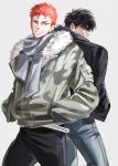  2boys back-to-back belt black_hair black_jacket black_pants chinese_commentary commentary_request cowboy_shot earrings fur-trimmed_hood fur_trim grey_background grin hands_in_pockets highres hood jacket jewelry long_sleeves makakakakaka5 male_focus multiple_boys pants red_hair rukawa_kaede sakuragi_hanamichi scarf short_hair slam_dunk_(series) smile stud_earrings 