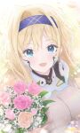  1girl absurdres blonde_hair blue_eyes blue_hairband blush bouquet breasts commentary_request earrings flower fortified_suit hairband highres holding holding_bouquet jewelry large_breasts long_hair looking_at_viewer mecha_pilot_suit muv-luv muv-luv_girls_garden narutaki_nanairo open_mouth orange_flower orange_rose petals pink_flower pink_rose rose see-through_cleavage see-through_clothes shiryu7225581 signature solo sparkle upper_body yellow_petals 
