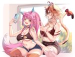  2girls ahoge animal_ears arm_tattoo border bow bra bracelet braid breasts cali_coco cat_ears cat_tail cellphone character_request cleavage collar collarbone commentary commission fingernails flower_tattoo fluffy_tail fox_ears gradient_nails hand_on_another's_leg heart highres holding holding_phone indie_virtual_youtuber jewelry lialee long_fingernails long_hair looking_at_another multicolored_hair multiple_girls nail_polish navel open_mouth phone pink_hair red_nails shorts sitting smartphone tail tattoo teeth underwear untranslatable_commentary upper_teeth_only vgen_commission virtual_youtuber white_border yuri 
