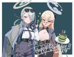  2girls birthday_cake black_dress black_gloves black_necktie blonde_hair blue_archive border braid braided_hair_rings breasts brown_eyes cake chest_harness chinese_clothes cleavage cleavage_cutout clothing_cutout coat coat_on_shoulders commentary_request cowboy_shot dated dragon_print dress dress_shirt eyewear_on_head food fork gloves green_background green_hair green_halo green_scarf grey_coat grey_halo grey_pants hair_over_one_eye hair_rings halo hand_on_own_hip happy_birthday harness high-waist_pants highres holding holding_fork holding_plate huuu_ulul18 jacket jacket_partially_removed kanae_(blue_archive) large_breasts long_hair long_sleeves looking_at_viewer magazine_(weapon) mandarin_collar medium_breasts mina_(blue_archive) mini_eyewear multiple_girls necktie outside_border pants pince-nez pink_eyes pinstripe_jacket pinstripe_pattern plate print_scarf scarf shirt simple_background smile striped_clothes striped_coat striped_jacket sunglasses vertical-striped_clothes vertical-striped_jacket very_long_hair white_border white_shirt 
