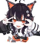  1girl ahoge animal_ear_headphones animal_ears arm_belt asymmetrical_sleeves bare_shoulders belt belt_collar black_choker black_hair black_nails black_sweater cat_ear_headphones cat_ears choker collar commentary_request dot_nose eyeball_hair_ornament fake_animal_ears from_above headphones long_sleeves looking_at_viewer mahou_shoujo_no_majo_saiban multicolored_hair nail_polish off-shoulder_sweater off_shoulder open_mouth orange_eyes orange_nails orange_streaks rihitonn sawatari_coco sharp_teeth shirt short_hair simple_background single_bare_shoulder skull sleeveless sleeveless_shirt solo streaked_hair striped_sleeves stuffed_animal stuffed_cat stuffed_toy sweater teeth upper_body v v_over_eye white_background white_shirt 