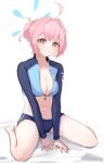  1girl absurdres ahoge arms_between_legs bare_legs barefoot blue_archive blue_halo blunt_bangs blush breasts bright_pupils cleavage full_body full_cleavage grin hair_bun hair_intakes halo highres kokoro_(blue_archive) large_breasts looking_at_viewer mole mole_under_eye navel open_rash_guard pink_hair rash_guard red_eyes sidelocks simple_background single_hair_bun sitting sky_jio smile solo stomach thighs v_arms wariza white_background white_pupils zipper 