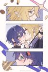 1boy 1girl absurdres belle_(zenless_zone_zero) blonde_hair blush ccxvi_201116 coin commentary_request gold_coin green_eyes grey_eyes hetero highres holding holding_rope hugo_vlad kiss kissing_cheek one_eye_closed pointy_ears purple_hair red_eyes rope zenless_zone_zero 