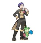  1boy black_boots black_pants black_shirt blue_flower blue_rose boots closed_eyes closed_mouth commentary crossover diagonal_bangs english_commentary fire_emblem fire_emblem:_three_houses flower flower_on_chest full_body hand_on_own_hip holding holding_poke_ball long_sleeves lorenz_hellman_gloucester lozyrosie male_focus pants pink_flower pink_rose poke_ball poke_ball_(basic) pokemon pokemon_(creature) purple_eyes purple_hair rose roselia_(pokemon) shirt short_hair simple_background smile smug sugimori_ken_(style) white_background 