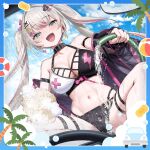  1girl ball beachball bikini black_bikini black_collar blonde_hair blue_eyes blue_sky blush bow breasts collar earrings english_commentary hair_bow hair_ornament hairclip highres holding holding_hose holding_sponge hose jewelry large_breasts lightning_bolt_earrings lightning_bolt_symbol long_hair looking_at_viewer multicolored_hair off_shoulder official_art open_mouth palm_tree phase_connect pink_bow pink_streaks rinkou_ashelia second-party_source shirt sitting sky smile soap_bubbles solo sponge star_(symbol) star_hair_ornament streaked_hair swim_ring swimsuit teddypocky thigh_strap tree twintails two-tone_hair two-tone_swimsuit very_long_hair virtual_youtuber washing_vehicle wet white_bikini 