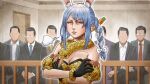  1girl 6+boys animal_ears animal_print aqua_necktie black_gloves black_suit blue_hair braid breasts carrot_hair_ornament cleavage cocked_eyebrow commentary_request courtroom crossed_arms detached_sleeves don-chan_(usada_pekora) dress enomoto_yoshitaka faceless faceless_male food-themed_hair_ornament frown fur-trimmed_gloves fur_trim glasses gloves hair_ornament hololive leopard_print medium_breasts multicolored_hair multiple_boys necktie opaque_glasses puffy_short_sleeves puffy_sleeves rabbit_ears rabbit_girl railing red_eyes red_necktie second-party_source serious short_sleeves sidelocks sitting strapless strapless_dress suit twin_braids two-tone_hair upper_body usada_pekora video_crop white_hair 