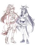  2girls absurdres animal_ears arm_strap asymmetrical_footwear bandaid bandaid_on_face boots breasts chest_sarashi cleavage clenched_hand coat commentary ear_scrunchie english_commentary fang full_body hand_on_own_hip high_ponytail highres hishi_amazon_(azure_amazon)_(umamusume) hishi_amazon_(umamusume) horse_ears horse_girl horse_tail interlocked_fingers kkoricat midriff mouth_hold multiple_girls narita_brian_(maverick)_(umamusume) narita_brian_(umamusume) navel open-toe_shoes open_clothes open_coat own_hands_together pleated_skirt ponytail rope sarashi shimenawa skirt stalk_in_mouth tail thigh_strap torn_clothes torn_coat umamusume 