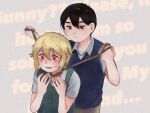  2boys basil_(omori) behind_another black_eyes black_hair blank_stare blonde_hair blue_sweater_vest closed_mouth collared_shirt commentary crying dripping_eye gokun green_sweater_vest hair_between_eyes hair_flaps hand_on_own_chest hand_on_own_neck highres jitome looking_at_another looking_at_hand male_focus multiple_boys omori open_mouth red_eyes rope rope_around_neck sad_smile shirt short_hair short_sleeves sidelocks strangling strangulation_mark sunny_(omori) sweater_vest tareme text_background very_short_hair white_shirt 