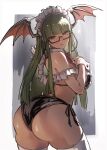  1girl absurdres alternate_costume ap_cammy ass bikini black_bikini commentary_request darkstalkers demon_girl demon_wings glasses green_eyes green_hair head_wings highres long_hair looking_at_viewer looking_back maid maid_headdress morrigan_aensland red_ribbon revision ribbon semi-rimless_eyewear solo swimsuit thighhighs white_thighhighs wings wrist_cuffs 