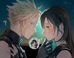  1boy 1girl ? bare_shoulders black_gloves black_hair blonde_hair blue_eyes blue_sweater blush closed_mouth cloud_strife commentary_request couple earrings final_fantasy final_fantasy_vii final_fantasy_vii:_ever_crisis final_fantasy_vii_remake fingerless_gloves flying_sweatdrops from_side gloves hand_on_another's_chin hands_on_another's_chest hetero highres hrfa_2222 jewelry long_hair looking_at_another low-tied_long_hair night profile red_eyes ribbed_sweater signature sky sleeveless sleeveless_turtleneck speech_bubble spiked_hair star_(sky) starry_sky suspenders sweatdrop sweater tank_top teardrop_earrings thought_bubble tifa_lockhart turtleneck turtleneck_sweater upper_body white_tank_top 