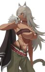  1girl abs absurdres animal_ears bandeau belt black_panties breasts cat_ears cat_girl cat_tail closed_mouth commentary cowboy_shot eyepatch ghislaine_dedoldia green_pants grey_hair hand_up highleg highleg_panties highres holding holding_unworn_clothes holding_unworn_jacket jacket large_breasts long_hair looking_to_the_side mushoku_tensei navel oliverchen_99 one-eyed open_fly open_pants panties pants panty_straps red_bandeau scar scar_on_stomach simple_background solo string_panties tail tail_ornament tail_ring underwear unworn_jacket white_background 