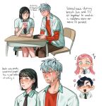  2boys 2girls alien_stage anakt_arts_high_school_uniform_(fading_youth) black_hair black_necktie cellphone collared_shirt contrast_collar crying desk drink_carton drinking english_commentary english_text fang grey_hair hair_ornament hairclip highres holding holding_drink_carton holding_juice_box holding_phone ivan_(alien_stage) ivan_(zombie_stage) juice_box layered_shirt long_hair mizi_(alien_stage) mizi_(zombie_stage) multiple_boys multiple_girls necktie open_clothes open_shirt phone pink_hair pump_upthejam red_shirt school_desk school_uniform shirt short_hair smartphone streaming_tears sua_(alien_stage) sua_(zombie_stage) tears till_(alien_stage) till_(zombie_stage) very_short_hair watching_movie white_shirt zombie_stage 