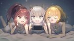  3girls aged_down animal_ears blonde_hair braid cat_ears chest_jewel commentary_request fangs feet_up glimmer_(xenoblade) grey_hair half-siblings handheld_game_console holding holding_handheld_game_console lying mio_(xenoblade) multiple_girls nintendo_switch_2 on_stomach playing_games playing_video_games ponytail red_hair rirusu shimmer_(xenoblade) short_hair siblings single_braid sisters smile swept_bangs xenoblade_chronicles_(series) xenoblade_chronicles_3 xenoblade_chronicles_3:_future_redeemed yellow_eyes 