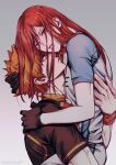 2boys absurdres adam's_apple androgynous black_shirt blue_lock chigiri_hyoma gloves highres kunigami_rensuke lifting_person long_hair looking_at_viewer male_focus multiple_boys nenekoneko_(muuhappy) orange_hair red_eyes red_hair shirt shorts soccer_uniform sportswear yaoi 
