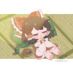  1girl absurdres ascot bow brown_hair closed_eyes commentary cup cushion detached_sleeves food frilled_bow frilled_hair_tubes frills green_tea hair_bow hair_tubes hakurei_reimu highres long_hair lying on_back red_bow red_skirt ribbon-trimmed_sleeves ribbon_trim senbei skirt skirt_set sleeping solo tatami tea touhou untranslatable_commentary uzuki_(amayadori) watermark yellow_ascot yunomi zabuton 