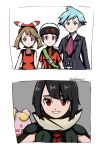  2boys 2girls beanie black_hair black_shirt bow_hairband brendan_(pokemon) brown_hair collarbone commentary_request grin hairband hand_on_another's_shoulder hat highres jacket may_(pokemon) medium_hair multiple_boys multiple_girls pokemon pokemon_(creature) pokemon_omega_ruby_and_alpha_sapphire red_eyes red_hairband red_shirt shirt short_hair short_sleeves sleeveless sleeveless_shirt smile steven_stone strap teeth twitter_username whismur zakku_(zkpkmn0) zinnia_(pokemon) zipper_pull_tab 