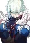  1boy absurdres ahoge alyosha_(genshin_impact) artist_name black_gloves black_pants black_shirt blue_jacket boots brown_boots cape closed_mouth colored_eyelashes commentary crossed_legs earmuffs feet_out_of_frame freckles fur-trimmed_cape fur_trim genshin_impact gloves green_hair hair_between_eyes hands_up highres jacket long_sleeves looking_afar male_focus own_hands_together pants petyu1o91 shirt short_hair sitting solo turtleneck turtleneck_shirt white_cape yellow_eyes 