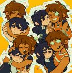  >_o 1girl 2boys alternate_costume alternate_eye_color antenna_hair black_eyes black_hair black_sweater black_sweater_vest blush bright_pupils brown_eyes brown_hair closed_eyes closed_mouth collared_shirt commentary_request dark-skinned_male dark_skin double-parted_bangs genderswap genderswap_(mtf) hair_between_eyes hetero highres hug kel_(faraway)_(omori) kel_(omori) long_sleeves low_twintails male_focus medium_hair multiple_boys omori one_eye_closed open_mouth shirt shirt_under_sweater short_hair short_sleeves short_twintails smile spanish_commentary sunny_(omori) sweatdrop sweater sweater_vest twintails white_pupils white_shirt xerotonink yaoi 