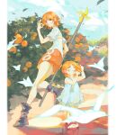  2girls absurdres aged_down bare_legs bare_shoulders bird blue_sky boots brown_boots brown_eyes closed_eyes cloud cloudy_sky coin commentary dress dual_persona falling_leaves food fruit full_body gold_coin grin highres holding holding_coin holding_food holding_fruit holding_staff leaf legs lirubik looking_at_viewer mandarin_orange miniskirt money_gesture multiple_girls nami_(one_piece) one_piece orange_hair orange_skirt orange_tree outdoors paper_airplane pinwheel sandals shirt short_hair short_sleeves skirt sky smile staff white_bird white_shirt 