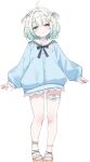  1girl a-pose absurdres blue_eyes blue_jacket blush choker closed_mouth commentary densetsu.exe frilled_choker frilled_thigh_strap frills full_body gradient_hair green_hair hair_ornament hair_rings hairclip highres jacket knee_blush long_sleeves looking_at_viewer mint_fantome mint_fantome_(summer) multicolored_hair multiple_hairclips multiple_thigh_straps no_pants nyashira official_alternate_costume official_alternate_hairstyle pointy_ears puffy_long_sleeves puffy_sleeves raised_eyebrows sailor_collar sailor_jacket sandals short_hair side_up_ring simple_background sleeves_past_wrists smile solo straight-on thigh_strap triangular_headpiece untranslatable_commentary virtual_youtuber white_background white_choker white_hair white_sailor_collar wispy_bangs x_hair_ornament 