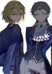  2others androgynous aqua_eyes ascot black_vest blonde_hair blue_jacket collared_shirt commentary expressionless gem gnosia green_gem grey_hair grey_pants hair_ornament hairclip jacket looking_at_viewer lu_lamup multiple_hairclips multiple_others pants raqio red_eyes setsu_(gnosia) shirt short_bangs simple_background vest white_ascot white_background white_shirt 