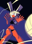  1girl ahoge andaerz animal_ears ball bare_shoulders bikini black_bikini blunt_bangs breasts cowboy_shot criss-cross_straps dark-skinned_female dark_skin highres large_ears looking_at_viewer medium_breasts midriff multicolored_bikini navel original rabbit_ears rabbit_girl solo swimsuit two-tone_bikini volleyball_(object) white_bikini white_hair 