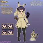 1girl breasts character_name character_profile choker commentary dress english_commentary english_text fingerless_gloves full_body gloves heart heart-shaped_pupils highres hood hoodie humanization life_orb lightning2195 mimikyu open_mouth pokedex pokedex_number pokemon pokemon_(creature) pokemon_tail purple_eyes red_eyes short_hair simple_background smile solo standing symbol-shaped_pupils tail twitter_username 