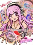  1girl acrylic_stand_(medium) artist_logo bare_shoulders black_bra bra breasts candy charm_(medium) chii chobits chocolate chocolate_bar cleavage collarbone copyright_logo dramatical_murder english_commentary food grey_sweater headphones heart heart-shaped_pupils highres jewelry large_breasts logo lollipopins long_hair looking_at_viewer merchandise merchandise_available necklace nitroplus off-shoulder_sweater off_shoulder open_mouth outline persocom_(chobits) pink_eyes pink_hair plushvampy seragaki_aoba smile sparkle star_(symbol) stocking_(psg) super_sonico sweater symbol-shaped_pupils teeth underwear upper_teeth_only zoom_layer 