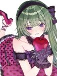  1girl again_and_again_ambition!_(project_sekai) alternate_costume apple bare_shoulders blunt_bangs blunt_sidelocks blush choker commentary cosplay dot_nose dress food frilled_dress frills fruit gloves green_hair high_heels highres hinomori_shizuku hinomori_shizuku_(cosplay) holding holding_food holding_fruit kusanagi_nene lace lace-trimmed_choker lace-trimmed_dress lace_gloves lace_trim long_hair looking_at_viewer lying off-shoulder_dress off_shoulder official_alternate_hairstyle on_pillow on_stomach parted_lips pink_dress pink_shoes polka_dot polka_dot_dress polka_dot_pillow project_sekai purple_choker purple_eyes rea_0523 romeo_to_cinderella_(vocaloid) shoes sidelocks simple_background smile solo untranslatable_commentary white_background 