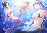  3girls :d absurdres air_bubble artist_name bare_arms bare_shoulders bikini bikini_top_only blue_bikini breasts brown_hair bubble collarbone commentary_request dark-skinned_female dark_skin earrings eiai_nano green_eyes grey_bikini grey_hair groin highres jewelry kaho_eira kimi_no_koto_ga_dai_dai_dai_dai_daisuki_na_100-nin_no_kanojo large_breasts long_hair matching_outfits merfolk mermaid monster_girl monsterification multiple_girls navel open_mouth paramisan parted_lips ponytail purple_bikini red_eyes smile stomach string_bikini swimsuit torotoro_kishika triangle_bikini_top twitter_username underwater very_long_hair water 