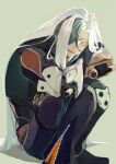  1boy absurdres belt black_gloves black_hair black_jacket black_pants boothill_(honkai:_star_rail) brown_belt commentary_request cyborg gloves grey_eyes highres honkai:_star_rail honkai_(series) jacket knees_to_chest long_hair long_sleeves male_focus mole mole_under_eye mrsw0911 multicolored_hair open_mouth pants parted_hair sharp_teeth simple_background sitting sleeve_cuffs solo teeth tongue two-tone_hair unzipped very_long_hair white_hair zipper 
