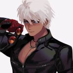  1boy arm_up black_gloves black_jacket blue_eyes closed_mouth collared_jacket cross cross_necklace dark-skinned_male dark_skin frown gloves hair_between_eyes hexermer highres holding holding_removed_eyewear jacket jewelry k'_(kof) long_sleeves looking_to_the_side male_focus necklace orange-tinted_eyewear partially_unzipped red_gloves sanpaku short_hair sideways_glance simple_background solo sunglasses the_king_of_fighters tinted_eyewear two-sided_gloves unworn_eyewear very_short_hair white_background white_hair zipper_pull_tab 
