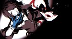  1boy black_background black_eyes black_hair black_jumpsuit blue_gloves commentary cowboy_shot doran_(doran7280) fox_(persona_5) gloves highres jumpsuit kitagawa_yusuke looking_at_viewer male_focus mask megami_tensei parted_lips persona persona_5 short_hair simple_background solo spotlight two-tone_background unworn_mask white_background 