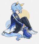  1girl animal_ears black_pants blue_boots blue_eyes blue_hair blue_jacket blue_shirt blush boots bow closed_mouth commentary_request ear_covers gloves hair_between_eyes highres horse_ears horse_girl horse_tail jacket k.s.miracle_(prism)_(umamusume) k.s.miracle_(umamusume) long_sleeves looking_at_viewer pants saramiao-chan shirt shoes short_hair sitting smile socks solo tail umamusume unworn_shoes white_gloves white_socks 