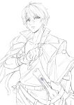  1boy absurdres belt commentary gloves guilty_gear guilty_gear_strive harris_hero highres jacket jacket_on_shoulders ky_kiske lineart looking_at_viewer male_focus pants short_hair sketch solo sword thunderseal weapon 