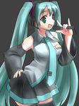  \m/ aqua_eyes aqua_hair detached_sleeves hand_on_hip hatsune_miku headphones long_hair microphone namamo_(kura) necktie open_mouth skirt solo thighhighs twintails very_long_hair vocaloid 