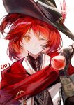  1girl arknights black_gloves black_hat cape chinese_commentary closed_mouth commentary_request exusiai_(arknights) exusiai_the_new_covenant_(arknights) exusiai_the_new_covenant_(the_legend_seeker)_(arknights) fingerless_gloves gloves hair_between_eyes halo hand_up hat highres looking_at_viewer mi_yao_hongcha official_alternate_costume one_eye_closed potion red_cape red_hair short_hair simple_background smile solo upper_body white_background yellow_eyes 