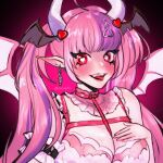  1girl ahoge breasts chest_harness cleavage commentary demon_girl demon_horns english_commentary harness heart heart-shaped_pupils heart_ahoge highres horns ironmouse ironmouse_(demon_form) large_breasts long_hair looking_at_viewer multicolored_hair pink_hair pointy_ears purple_hair red_eyes simple_background slewpie solo streaked_hair symbol-shaped_pupils tongue tongue_out twintails virtual_youtuber vshojo white_horns 