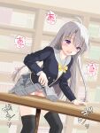  1girl absurdres ahoge arm_support aroused ayachi_nene black_jacket black_thighhighs blush bookshelf bow bow_panties breasts cameltoe chest_bow commentary_request commission crotch_rub feet_out_of_frame female_masturbation furrowed_brow grey_hair grey_sailor_collar grey_skirt hair_between_eyes hair_ribbon heart highres himematsu_academy_school_uniform indoors jacket large_breasts leaning_forward library lifting_own_clothes long_hair long_sleeves looking_down masturbation miniskirt moaning open_mouth panties pengon_pen pink_panties pink_ribbon plaid_clothes plaid_skirt pleated_skirt purple_eyes ribbon sailor_collar sanoba_witch school_uniform serafuku sidelighting skeb_commission skirt solo sound_effects speech_bubble standing straight_hair sweat table_humping teeth thighhighs twitching underwear upper_teeth_only very_long_hair white_bow yellow_bow 