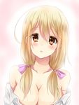  akirabi_yukina bare_shoulders blonde_hair blush breasts brown_eyes cleavage highres large_breasts long_hair maruki_(punchiki) original shirt solo upper_body white_shirt 