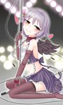  brown_eyes chain cleavage_cutout collar cuffs elbow_gloves gloves grey_hair hair_ornament hairclip heart_cutout highres idolmaster idolmaster_cinderella_girls koshimizu_sachiko microphone midriff navel purple_hair short_hair skirt thighhighs wings yoiyami_mutsuki 